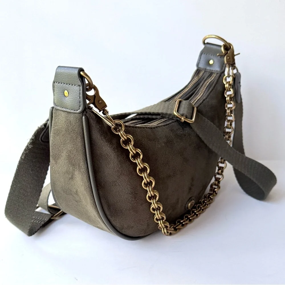 House of Harlow 1960 Valerie Crossbody Green Faux Suede Double Zip Shoulder Bag